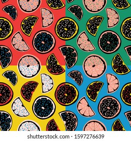 Multicolored pop art inspired seamless pattern tile with citrus fruits.
