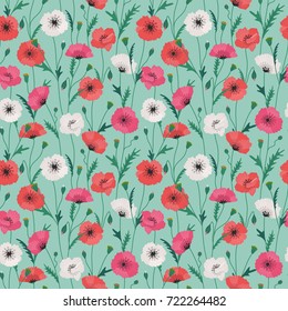 Multicolored poppy floral seamless pattern in vintage colors on dark green background. Vector