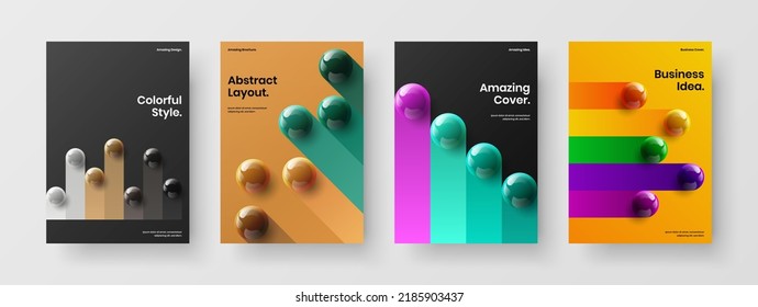 Multicolored postcard vector design layout bundle. Simple 3D spheres booklet illustration composition.
