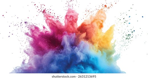 Multicolored powder explosion isolated on white background. An explosion of colorful powder is spreading on a white surface beneath. A colorful explosion powder white background.	