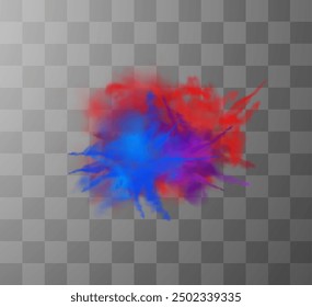 Explosión de polvo multicolor sobre fondo transparente aislado. La Ilustración vectorial presenta una vibrante nube de humo en colores rojo, púrpura y azul, perfecta para una variedad de diseños.