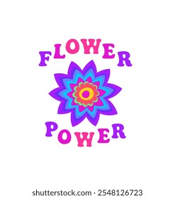 Multicolored print for kids girl tee, hoodie t shirt, logo, bag, hippie poster with 70s or 60s flower-power slogan, flower or mandala in chakra color on white background