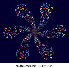 Multicolored Projector curl bang on a dark background. Vector abstraction. Hypnotic curl combined from scatter projector symbols.