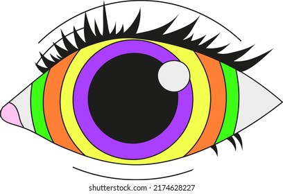 Multicolored psychedelic eye with a wide pupil. Vector illustration isolated on a white background.