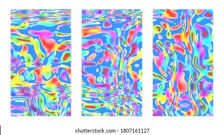 Multicolored psychedelic hippie background set, vector artworks. Vertical good vibes colorful templates, vivid posters and cover designs