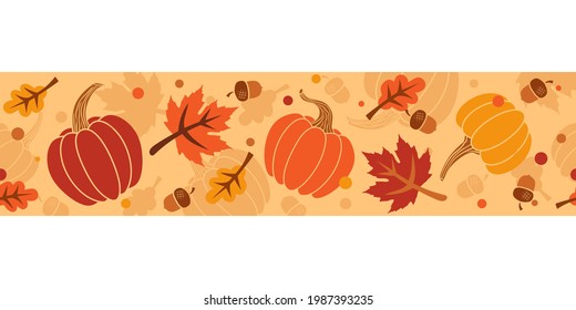 Multicolored pumpkins, acorns, maple and oak leaves on an ocher background. Vector border seamless pattern. Fll design ribbon.
