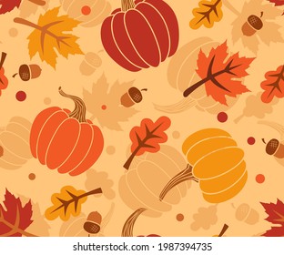  Multicolored pumpkins, acorns, maple and oak leaves on an ocher background. Vector seamless pattern. Fll design.