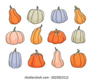Juego de doodles de calabazas multicolores. Contorno lindo ilustración vectorial aislada en el fondo.