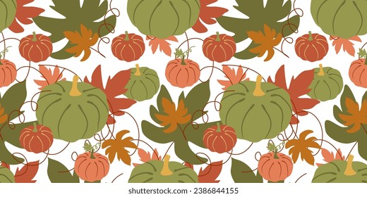 Multicolored pumpkins and leaves on white background. Vector seamless pattern. Flat style Floral Background. Harvest festival Color template for Decoration, Textile, Wrapping paper, Fabric, Banner.