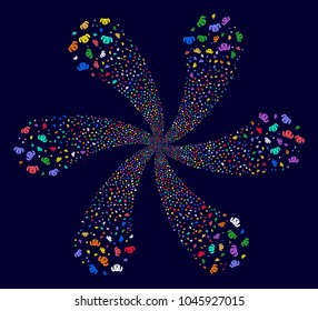 Multicolored Puppy twirl abstract flower on a dark background. Vector abstraction. Suggestive curl created from randomized puppy objects.