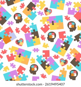 Multicolored puzzle folding picture from individual pieces seamless pattern. Logic game thinking. Autists head with jigsaw parts. Repeated print. Brainteaser assemble