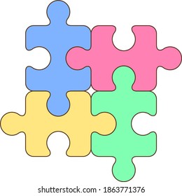 Multi-colored puzzle pieces connected together vector on white background isolated