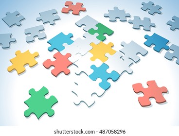 Multicolored puzzle pieces scattered on white background. Abstract vector background