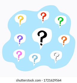 Multi-colored question marks in speech bubbles. The concept of asking. Help symbol. FAQ sign. Stickers and social media templates. Stock vector illustration isolated on white background.