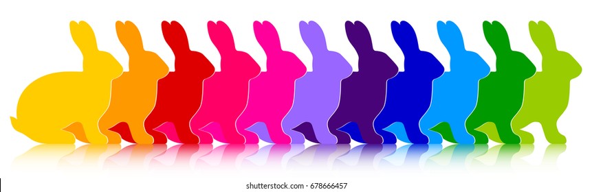 Multicolored rabbits in a row with reflection isolated on white background. Vector EPS10