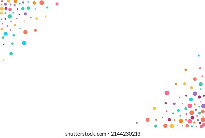 Multicolored Rain Flying Vector White Background. Celebration Dot Pattern. Happy Round Postcard. Rainbow Polka Festival Texture.