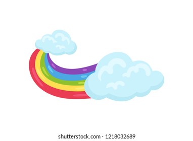 Multicolored rainbow with blue fluffy clouds. Decorative wall sticker for children room. Flat vector element for poster or flyer Multicolored rainbow with blue fluffy clouds. Decorative wall sticker for children room. Flat vector element for poster or flyer