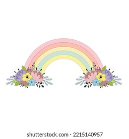 Arcoiris multicolor con ramos de flores.