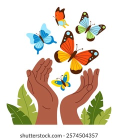 Multicolored rainbow butterflies fly out from dark-skinned palms of hands with leaves. Butterfly symbolizing freedom, transformation and nature. Vector illustration in flat style