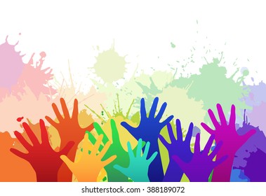 Multicolored rainbow children's hands background watercolor splashes  Vector element for your creativity