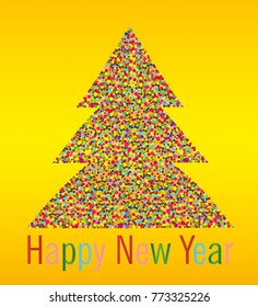 Multicolored rainbow confetti in the shape of a Christmas tree. Vector. Postcard or invitation to the New Year's holiday. Free space for text or advertising.