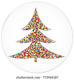 Multicolored rainbow confetti in the shape of a Christmas tree. Vector. Postcard or invitation to the New Year's holiday. Free space for text or advertising.