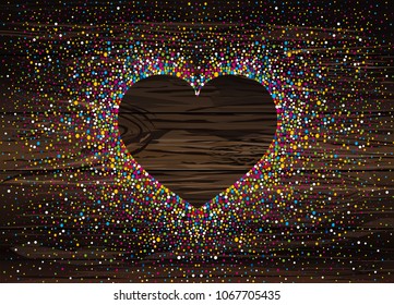 Multicolored rainbow confetti in the shape of a heart. Vector on wooden background. Love. Postcard or invitation for a holiday. Valentine's Day.
