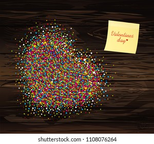 Multicolored rainbow confetti in the shape of a heart. Empty Yellow sheet of paper for notes. Sticker.Vector on wooden background. Love. Postcard or invitation for a holiday. Valentine's Day.