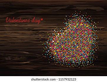 Multicolored rainbow confetti in the shape of a heart. Vector on wooden background. Love. Postcard or invitation for a holiday. Valentine's Day.