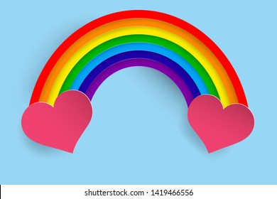 A multicolored rainbow connects two hearts.  Vector illustration in paper cut style. 