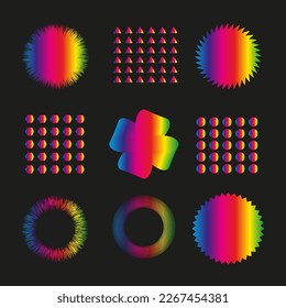 Multicolored (rainbow gradient) set of geometric shapes for web design, posters, clothes, covers. Universal elements and shapes. Set of geometry elements. Modern shapes set on dark background.