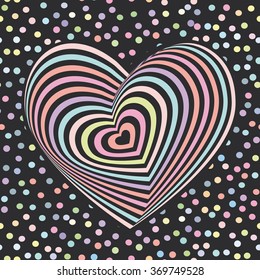 multi-colored rainbow heart on black background. Optical illusion of 3D three-dimensional volume. pastel colors polka dot background. Vector