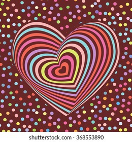 multi-colored rainbow heart on dark brown background. Optical illusion of 3D three-dimensional volume. pastel colors polka dot background. Vector