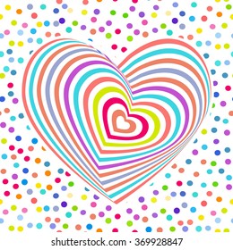 multi-colored rainbow heart on white background. Optical illusion of 3D three-dimensional volume. pastel colors polka dot background. Vector