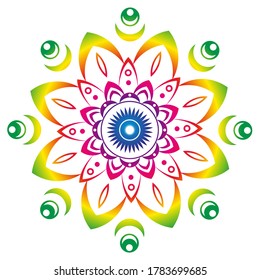 Mandala multicolor arco iris sobre fondo blanco. Patrón redondo, adorno floral. Hermoso elemento simétrico. Antiestrés, relajación