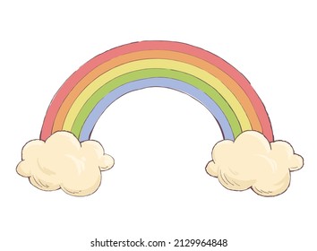 Un arcoiris multicolor de colores pastel con nubes. Ilustración vectorial.