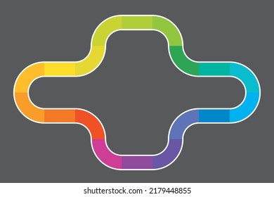 Multi-colored rainbow path design similar to game board.
Vector illustration of connected path on grey background, perfect for infographics.