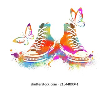 Multicolored rainbow sneakers with butterflies. T-shirt print. Vector illustration