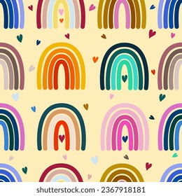 Multicolored rainbows, seamless pattern, with hearts, cute, modern, print for fashion design, for children and babies, illustration, vector