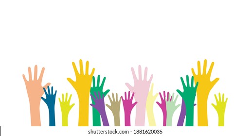 multicolored raised hands, palms up, many hands and symbol community, society, union, group, team