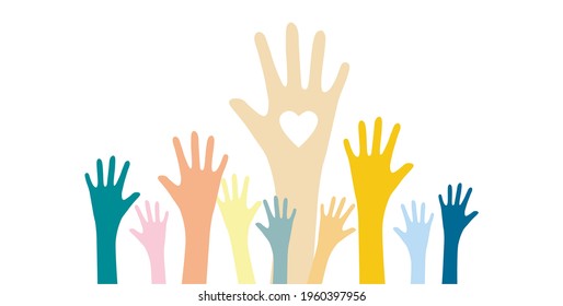 multicolored raised hands, palms up, many hands and a symbol of community, society, union, group, team, we are together