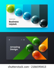 Multicolored realistic balls front page template set. Isolated booklet vector design illustration bundle.