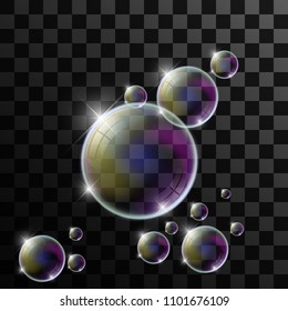 Multicolored realistic soap bubbles set with rainbow reflection on transparent background. Water sphere. 3D Vector illustration.
