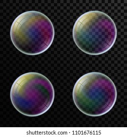 Multicolored realistic soap bubbles set with rainbow reflection on transparent background. Water sphere. 3D Vector illustration.
