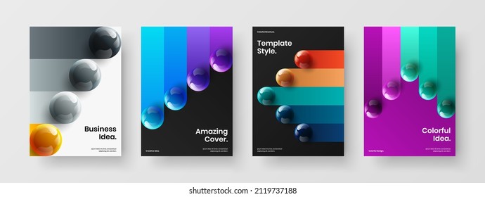 Multicolored realistic spheres journal cover template collection. Isolated annual report A4 design vector concept bundle.