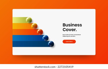 Multicolored realistic spheres magazine cover layout. Clean banner vector design illustration.