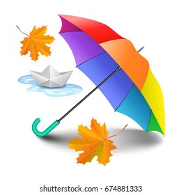 Multicolored realistic umbrella with falling yellow leaves and paper ship. Origami made sailing boat and open umbrella in rainbow colors isolated on white background. Vector illustration