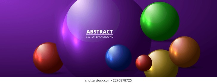 Multicolored realistic vector 3d spheres and balls on a wide violet background. Abstract modern banner geometric three-dimensional vector illustration.