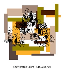 Multi-colored rectangles and stamp prints of leaves with black ink. Geometric abstract concept of autumn. Vector illustration for wall decor, wallpaper, print for t-shirt, isolated on white background