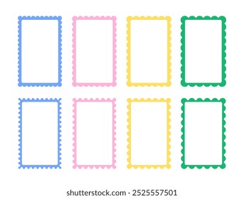 Formas retangulares multicoloridas com bordas onduladas definidas. Coleção de quadros e caixas de texto de escala no plano de fundo branco.